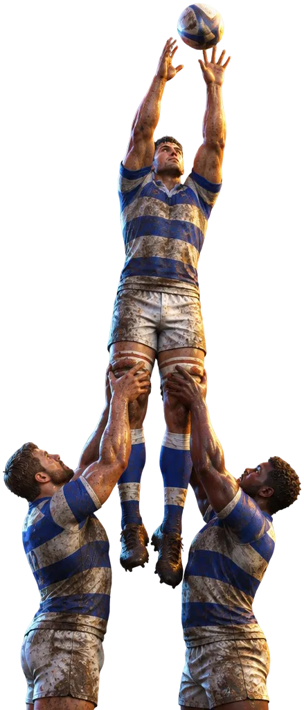 Lock Maulgate Ironsides diangkat dua lifter di lineout, kedua tangan meraih bola di bawah hujan