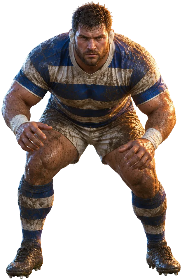 Loosehead prop Maulgate Ironsides berlumpur, membungkuk siap mengikat scrum, uap naik dari bahunya