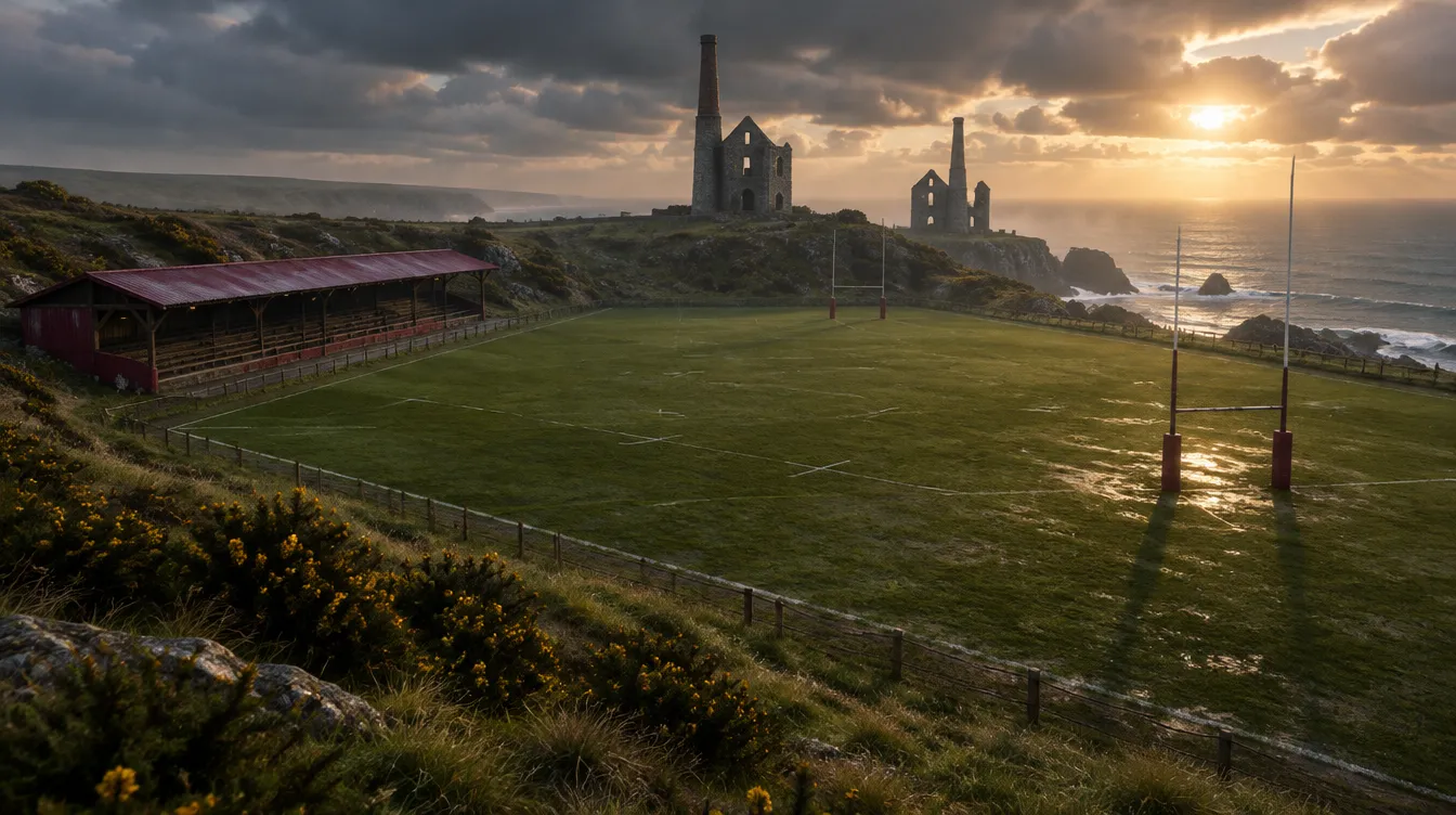 The Engine House, lapangan Carrack Quarrymen di atas tebing granit dengan dua rumah mesin tambang dan cerobong di belakang tiang gawang