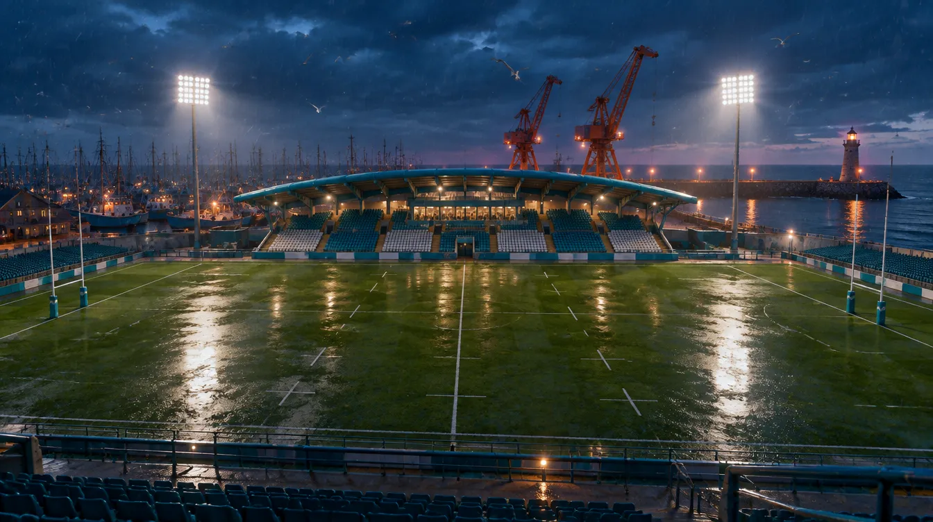 Pilot's Field, stadion pelabuhan Port Hesketh Gulls saat senja biru, derek oranye dan mercusuar di belakang tribun, lapangan basah memantulkan lampu