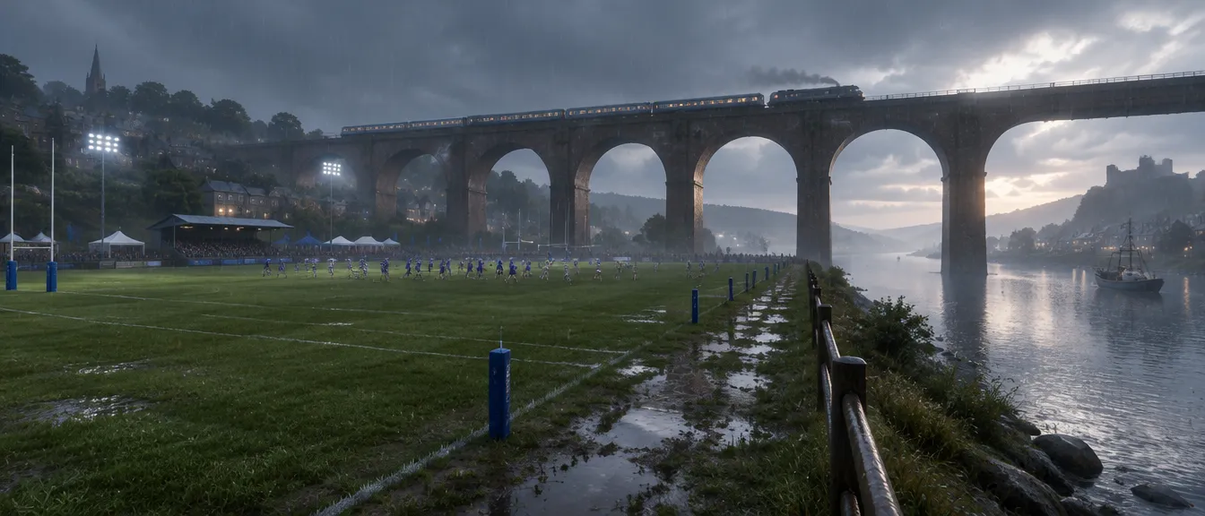 Lapangan tepi sungai di bawah viaduk bata Morrow Bridge saat hujan kelabu, genangan di touchline